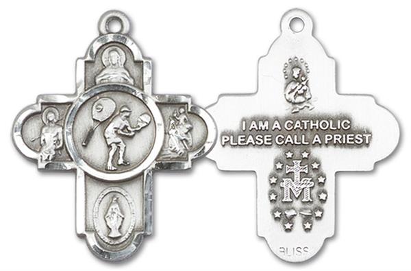 Tennis 5-way Medal in Fine Pewter, 1", Your Choice of Chain, # 3463