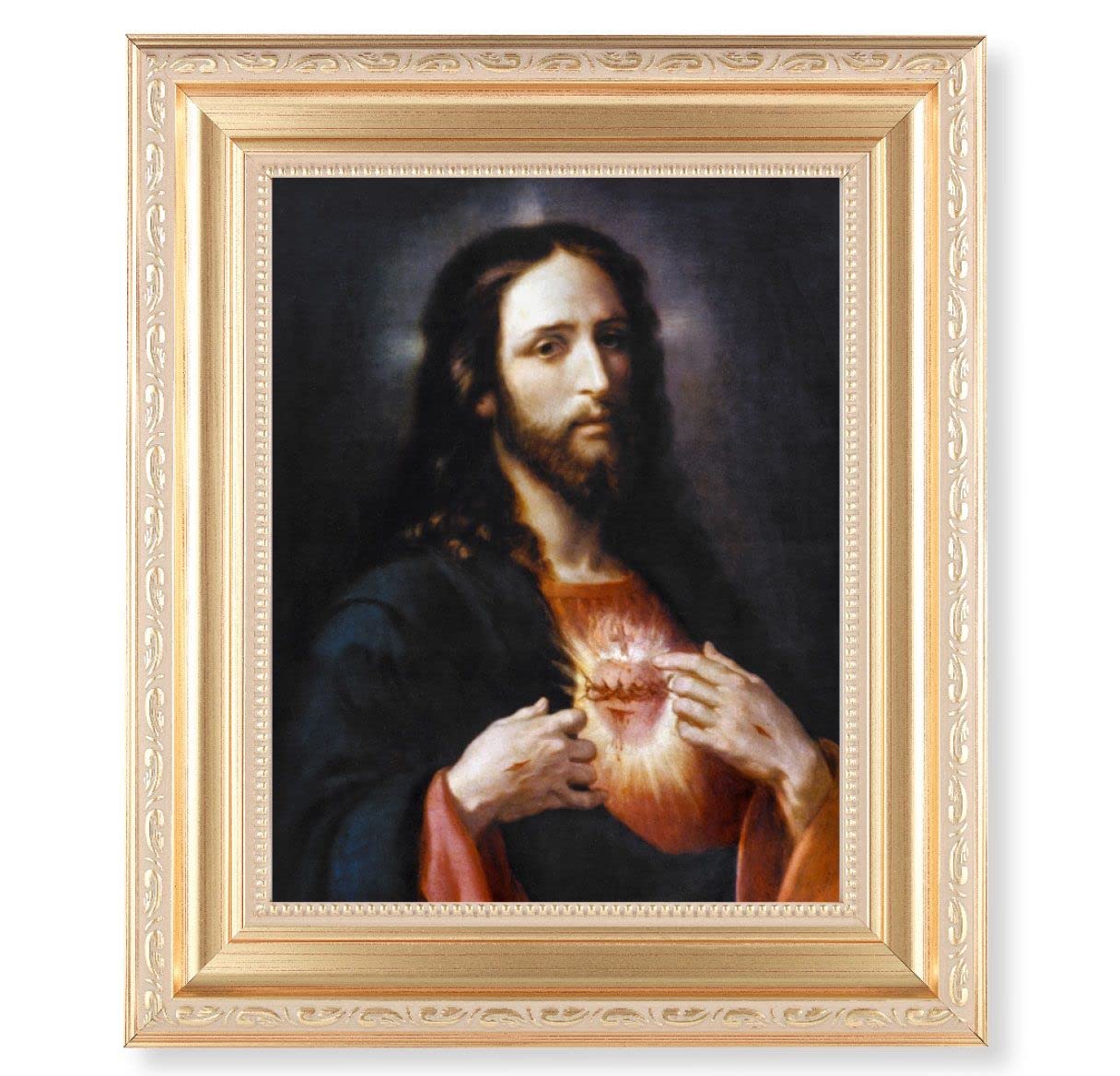 Ponce: Sacred Heart of Jesus, 11.5"x13.5" Satin Gold Frame, Distressed Finish with Scrollwork, Italian Print Under Glass # 26503