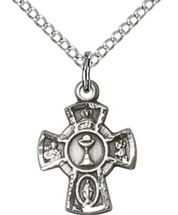 First Communion 4-way Medal in Fine Pewter, 1/2", Your Choice of Chain 3494