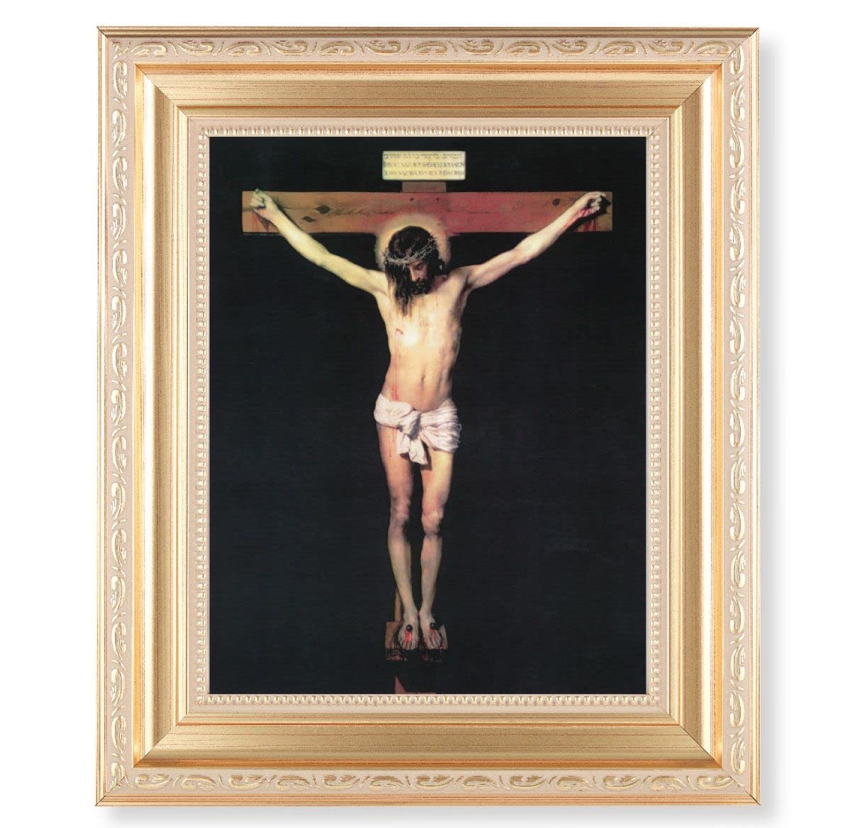 The Crucifixion, 11.5"x13.5" Satin Gold Frame, Distressed Finish with Scrollwork, Italian Print Under Glass # 26412