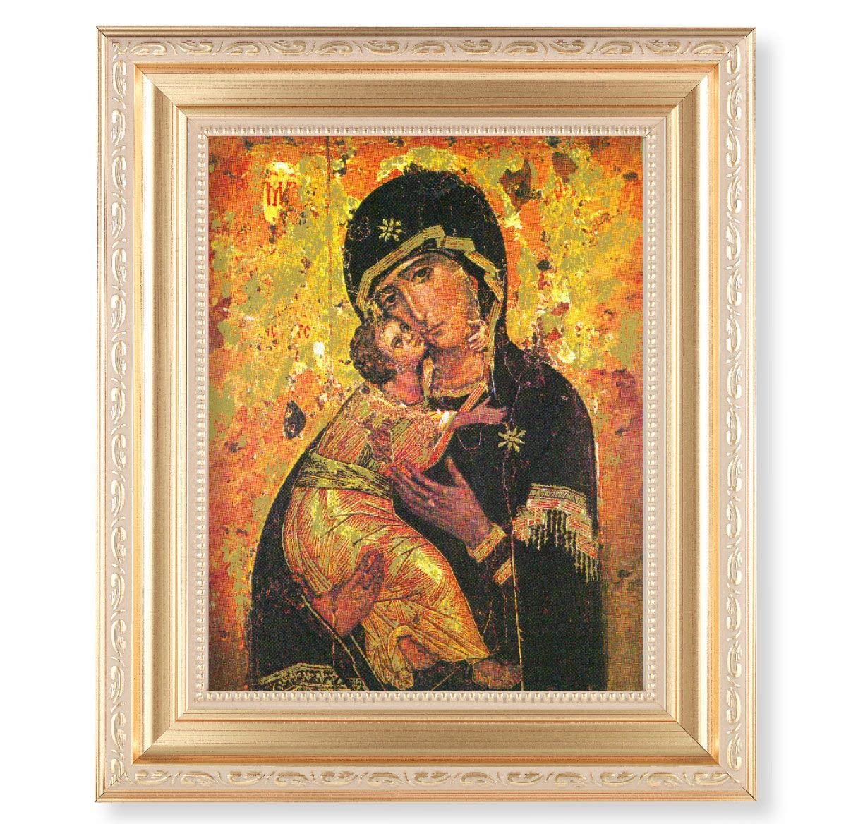 Our Lady of Vladimir, 11.5"x13.5" Satin Gold Frame, Distressed Finish with Scrollwork, Italian Print Under Glass # 26450
