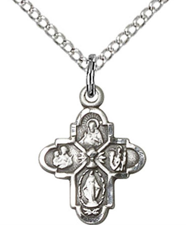 First Communion 4-way Medal in Fine Pewter, 1/2", Your Choice of Chain 3501