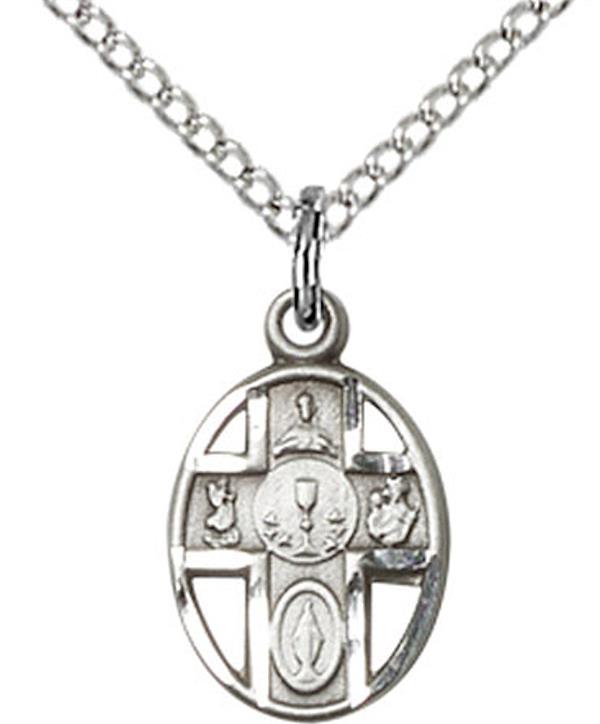 First Communion 4-way Medal in Fine Pewter, 1/2", Your Choice of Chain 3502