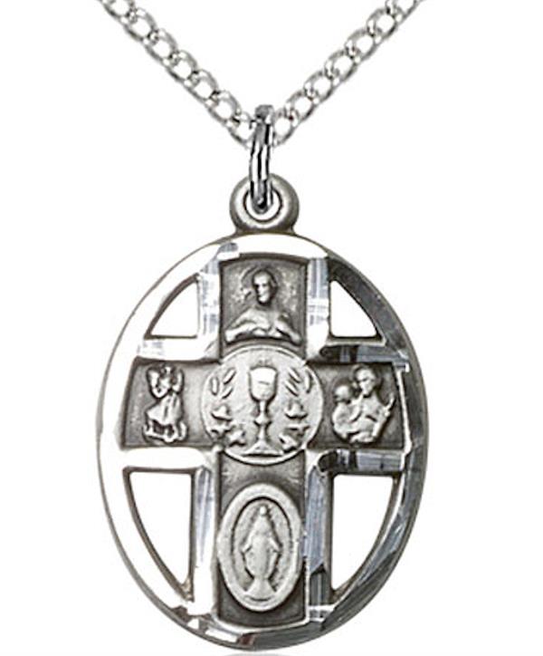 First Communion 4-way Medal in Fine Pewter, 3/4", Your Choice of Chain