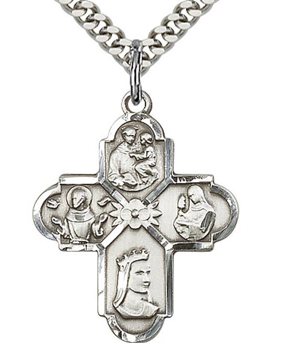 Franciscan 4-way Medal in Fine Pewter, 1", Your Choice of Chain 3508