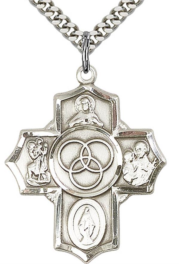 New Family 5-way Medal in Fine Pewter, 1-1/8", Your Choice of Chain 3511
