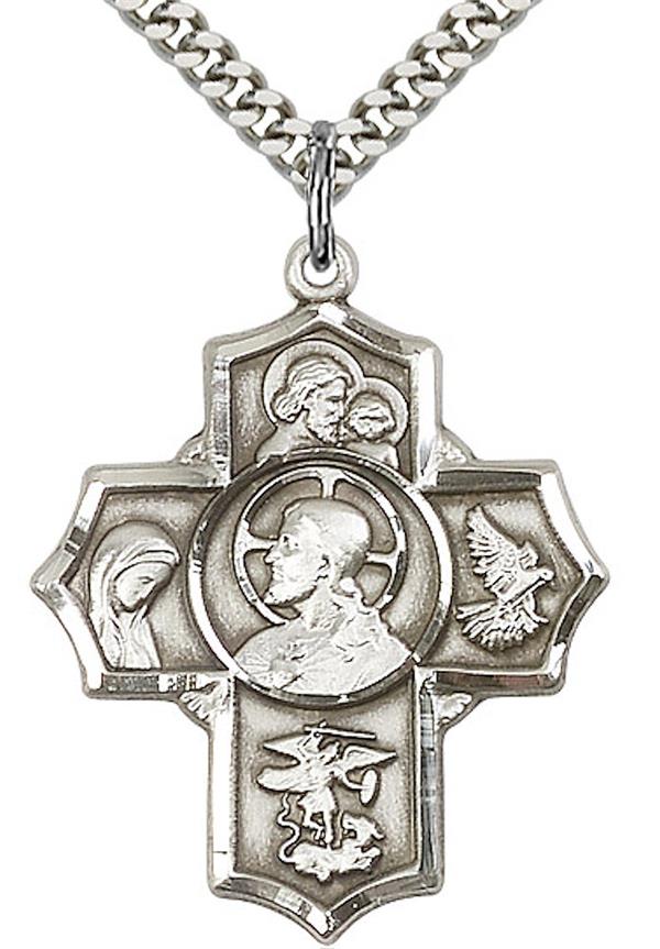Sacred Heart 5-way Medal in Fine Pewter, 1-1/8", Your Choice of Chain 3516