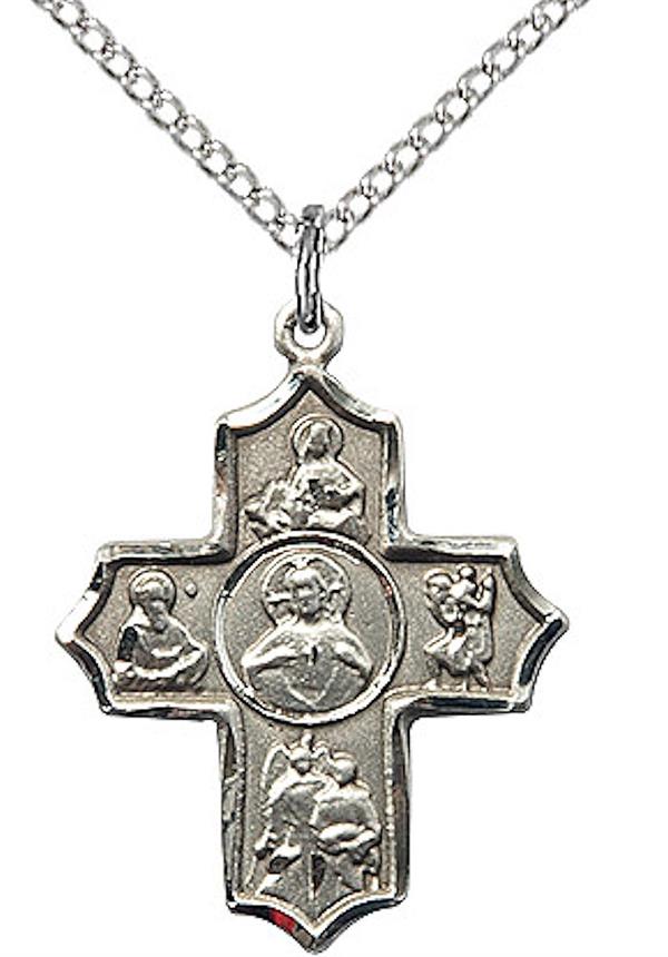 Sacred Heart 5-way Medal in Fine Pewter, 13/16", Your Choice of Chain 3517