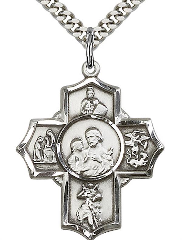 Fire Fighter 5-way Medal in Fine Pewter, 1-1/8", Your Choice of Chain 3518