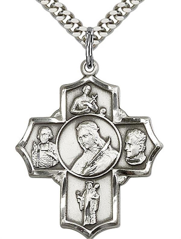 St. Philomena 5-way Medal in Fine Pewter, 1-1/8", Your Choice of Chain 3519
