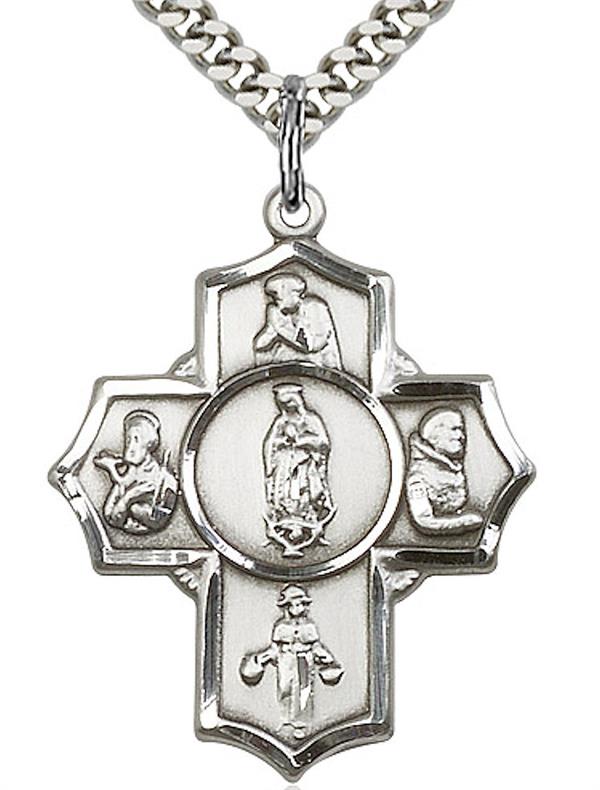 Our Lady of Guadalupe 5-way Medal in Fine Pewter, 1-1/8", Your Choice of Chain 3521