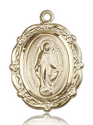 Floral Border Miraculous Medal 13/16" Solid 14kt Gold, Free Chain, # 3530