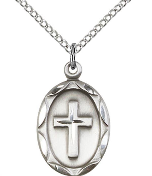 Oval Cross Medal, Fine Pewter, 11/16", Your Choice of Chain, # 3531