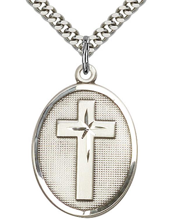 Oval Cross Medal, Fine Pewter, 1", Your Choice of Chain, # 3536