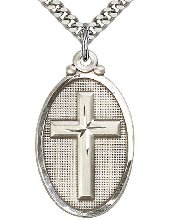 Oval Cross Medal, Fine Pewter, 1-1/16", Your Choice of Chain, # 3538