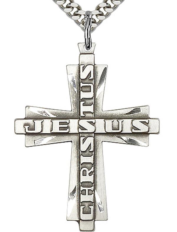 Jesus Christus Cross Necklace in Fine Pewter, 1-5/16", Your Choice of Chain, # 3595
