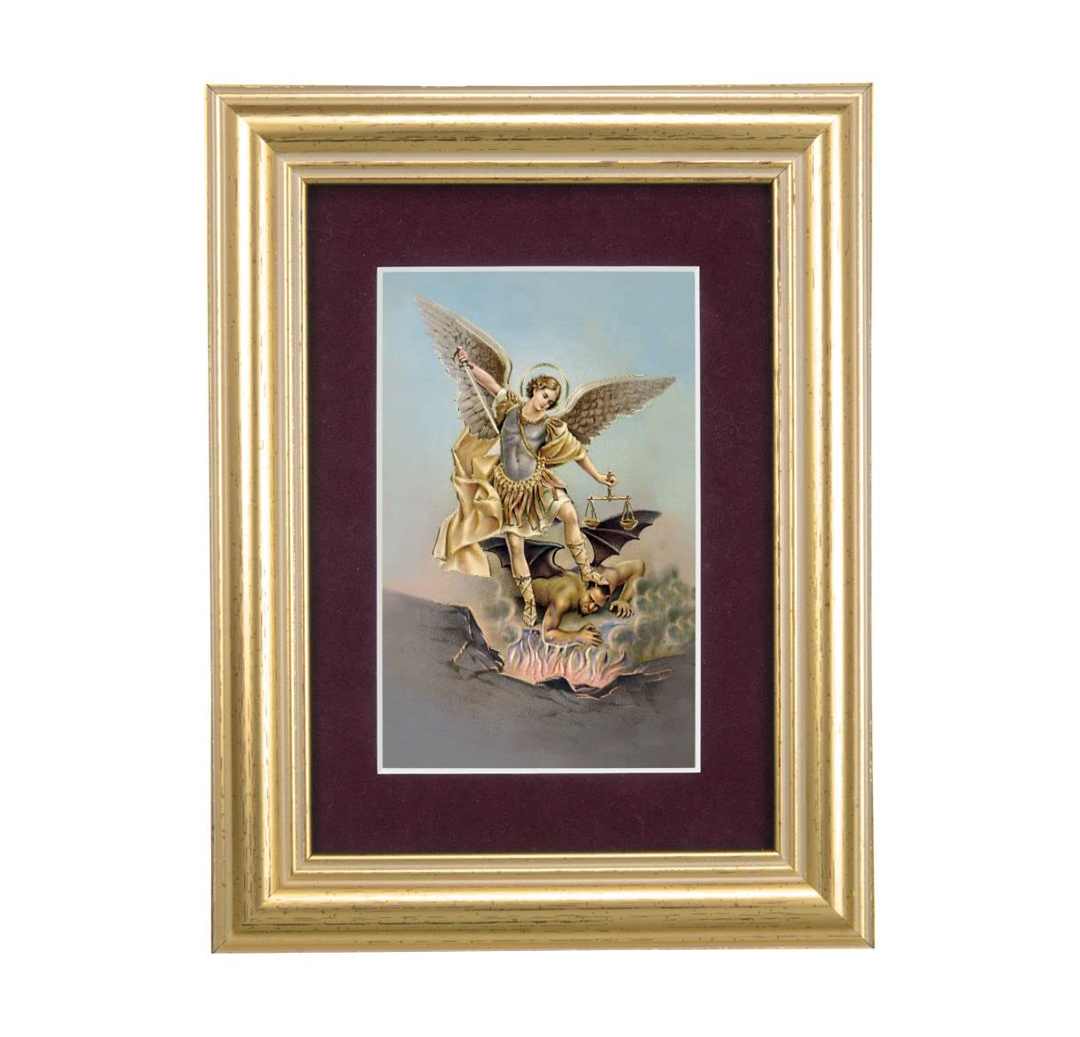 St. Michael Picture, 5"x6.5" Antique Gold Fluted Frame, Behind Maroon Velvet Matting # 28307