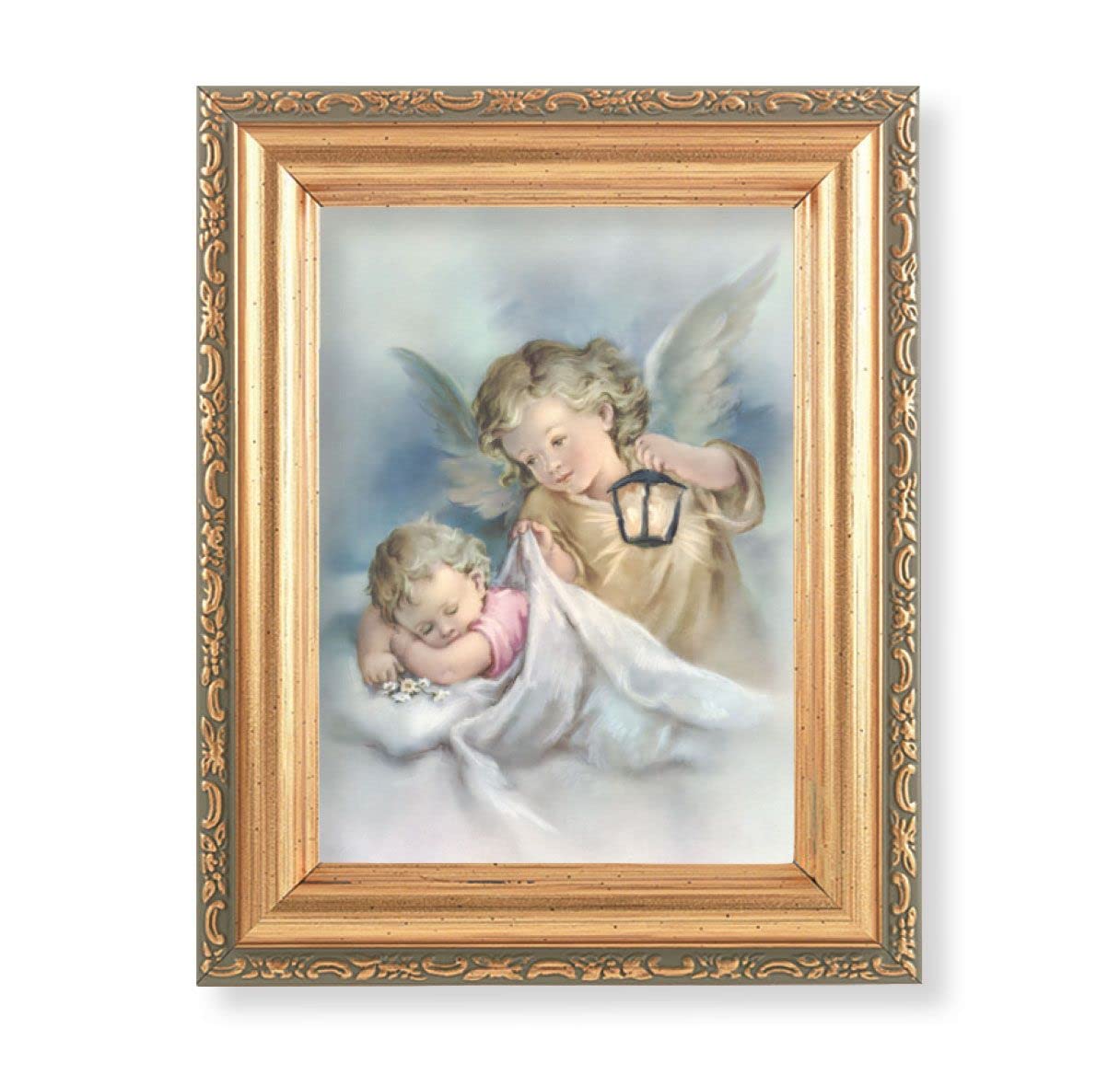 Antique Gold Frame, 5.75"x7.25" overall, Under Glass, Guardian Angel & Baby, # 90812