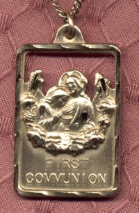 Gold First Communion Medal 1 1/8" tall, Your Choice of Chain # 3647
