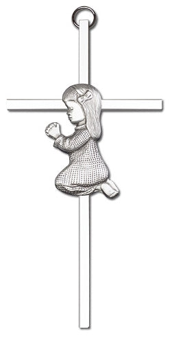6" Praying Girl Cross, Silver Figure on Nickel Plated Cross, # 3661