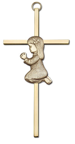 6" Praying Girl Cross, Gold Figure on Polished Brass Cross, # 3662