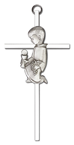 6" First Communion Boy Cross, Silver-Tone Figure on Nickel Plate, # 3668