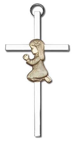 4" Praying Girl Cross, Gold Figure on Nickel Plated Cross, # 3675