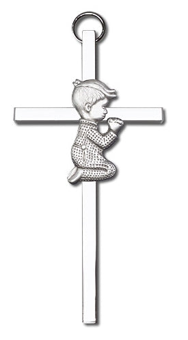 4" Praying Boy Cross, Silver Figure on Nickel Plated Cross, # 3677