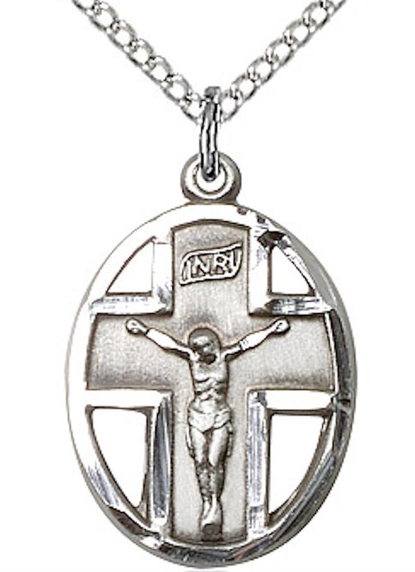 Oval Cross Necklace in Fine Pewter, 3/4", Your Choice of Chain, # 3680