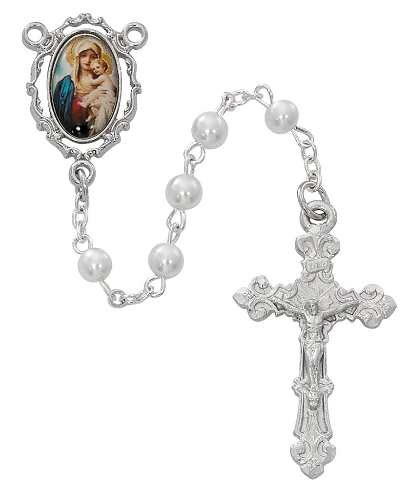Mother & Child Rosary, 6mm Pearl Glass Beads, Rhodium Plated Pewter Center and 1-1/2" Crucifix # 21205