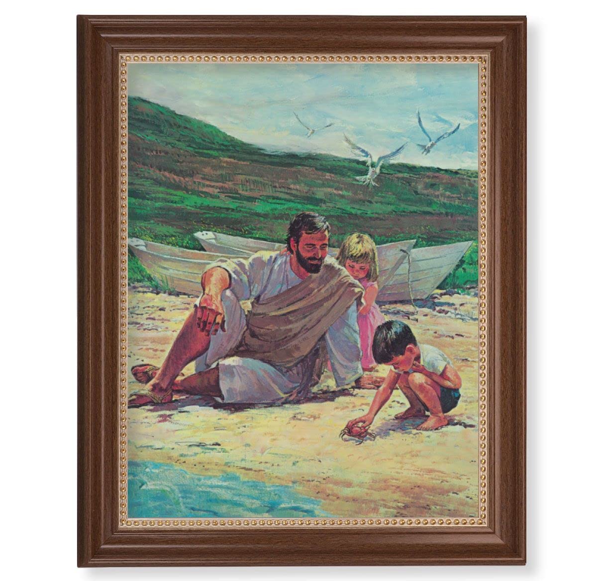 Hook: Jesus on The Beach with Children Picture, 13-1/2"x16-9/16 Walnut Finish Frame with Gold Beaded Lip, Textured Italian Print # 22356