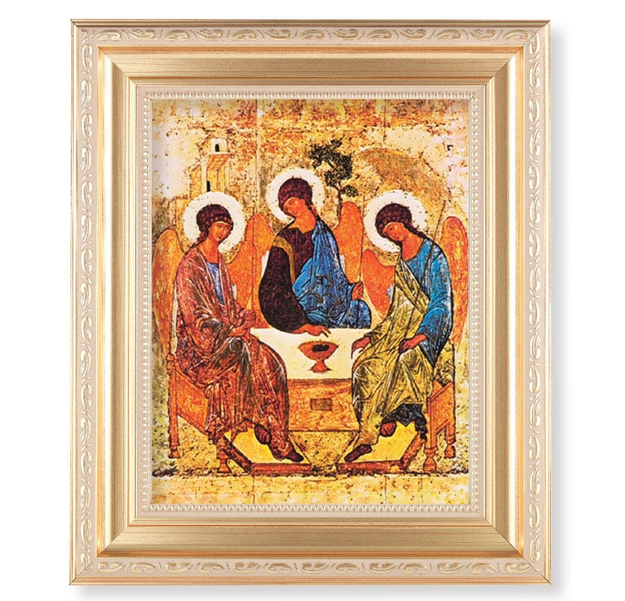 The Holy Trinity Icon, 11.5"x13.5" Satin Gold Frame, Distressed Finish with Scrollwork, Italian Print Under Glass # 26400