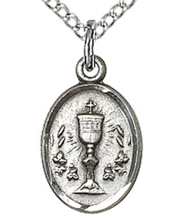 First Communion Necklace in Fine Pewter, 1/2" Oval, Your Choice of Chain, # 3703