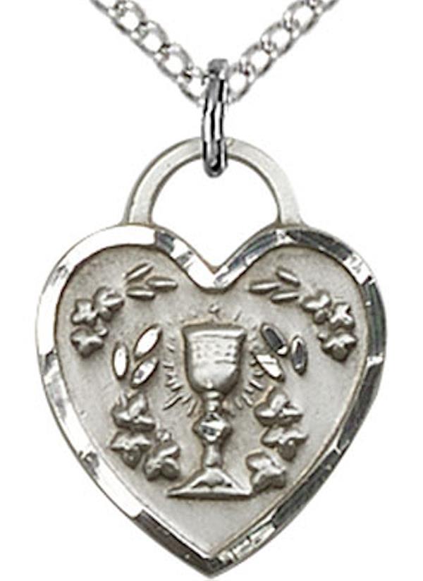 irst Communion Heart Necklace in Fine Pewter, 9/16", Your Choice of Chain, # 3719