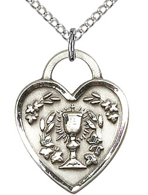 First Communion Heart Necklace in Fine Pewter, 11/16", Your Choice of Chain, # 3731