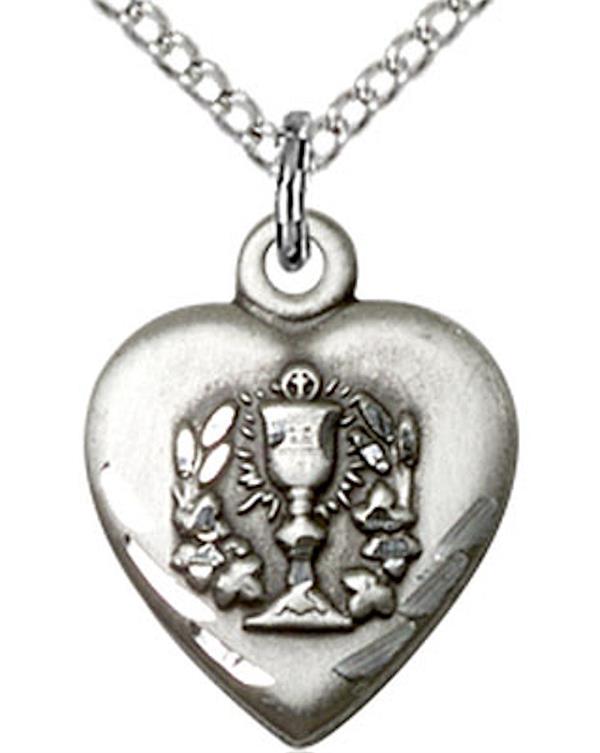 First Communion Heart Necklace in Fine Pewter, 1/2", Your Choice of Chain, # 3732