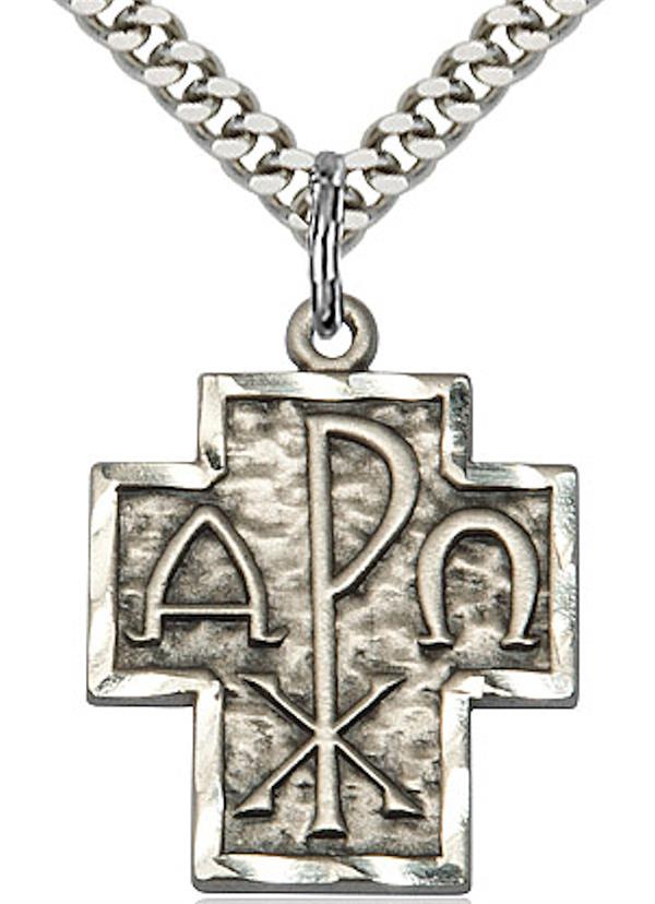 Alpha & Omega Medal Necklace in Fine Pewter, 13/16", Your Choice of Chain, # 3804