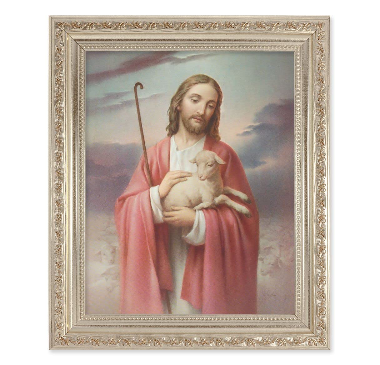 Good Shepherd, 10"x12" Antique Silver & Carved Scrollwork Frame, Italian Print Under Glass # 26749