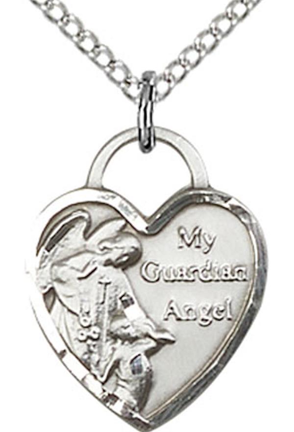 Guardian Angel Heart Medal Necklace in Fine Pewter, 9/16", Your Choice of Chain, # 3825