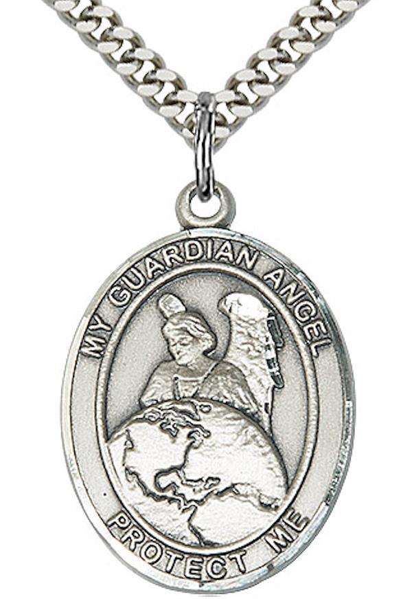 Guardian Angel Medal Necklace in Fine Pewter, 1", Your Choice of Chain, # 3838