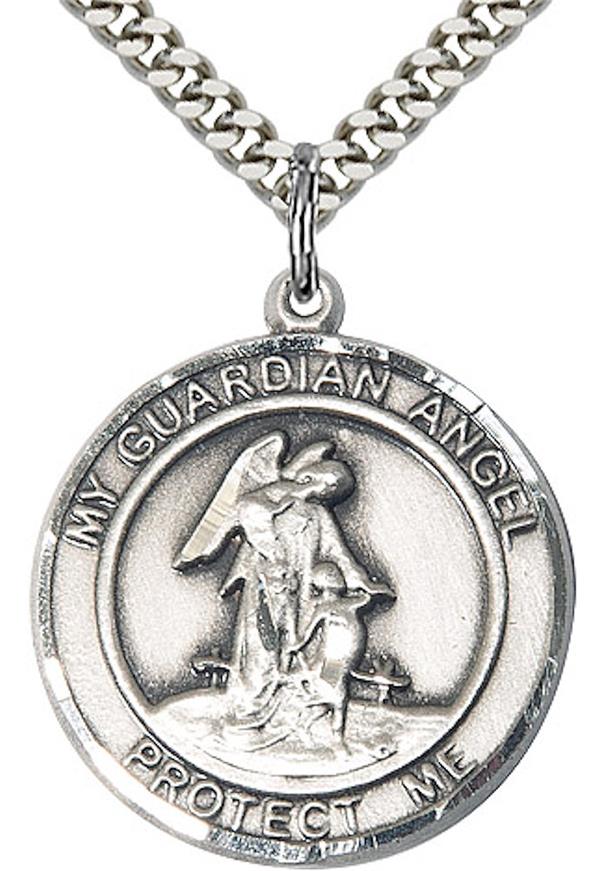 Guardian Angel Medal Necklace in Fine Pewter, 1" round, Your Choice of Chain, # 3842