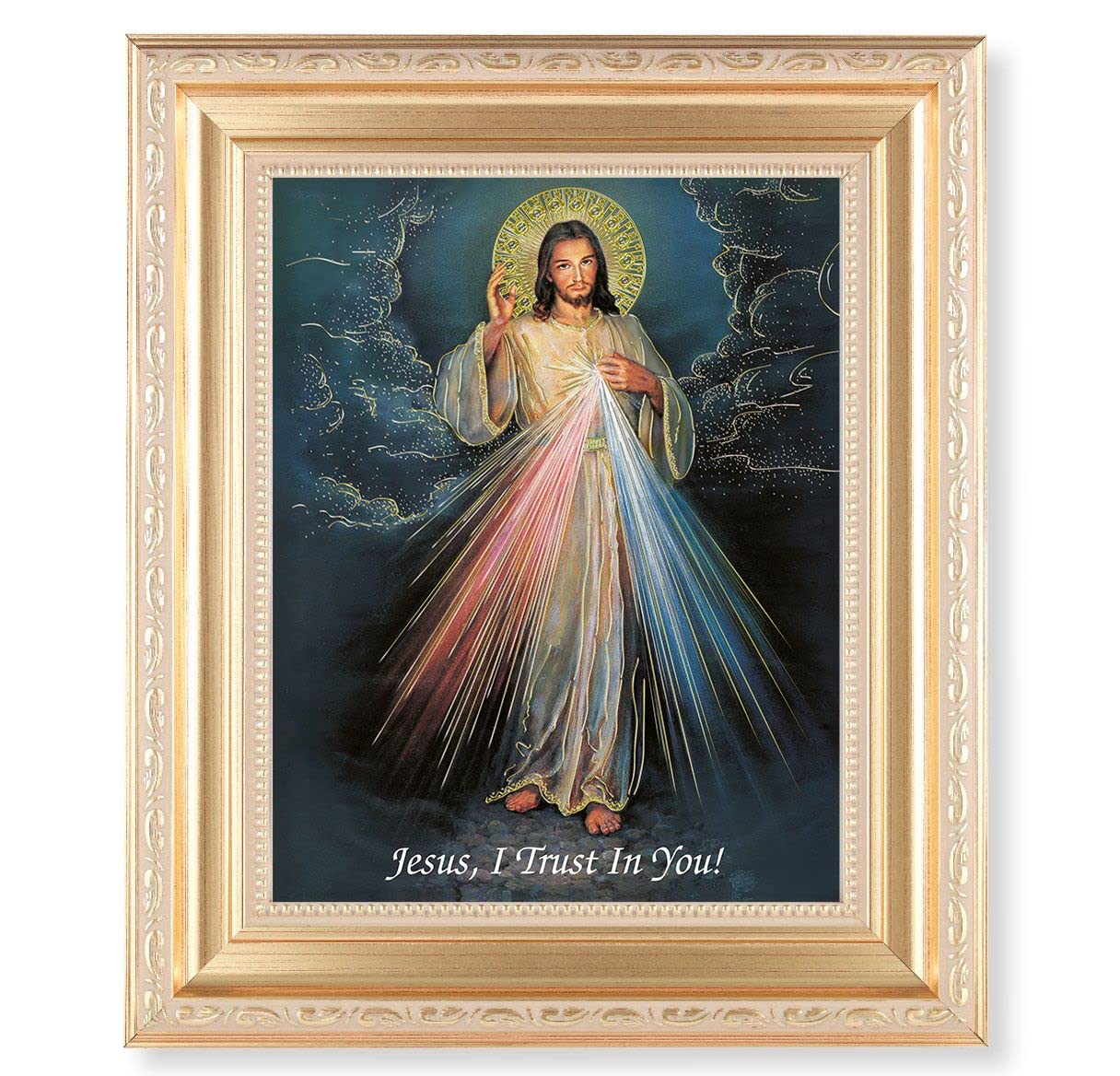 Divine Mercy, 11.5"x13.5" Satin Gold Frame, Distressed Finish with Scrollwork, Gold-Stamped Print Under Glass # 26560