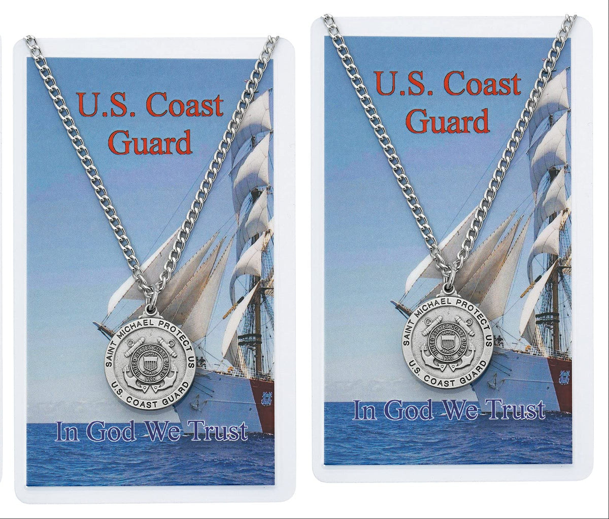 Coast Guard Pewter Medal with Laminated Holy Card, 24" Silver Tone Chain, 2-count Pack. # 21346