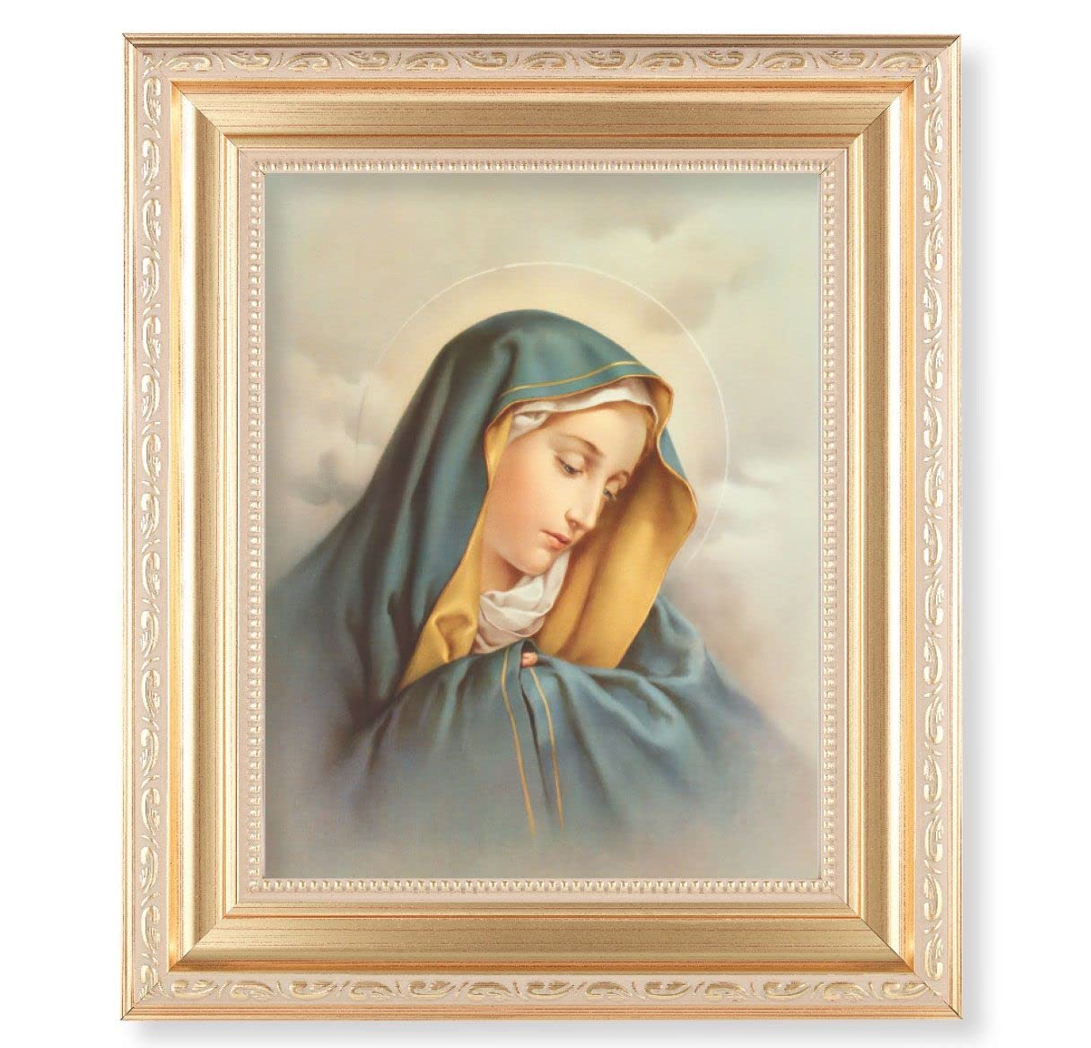 Our Lady of Sorrows, 11.5"x13.5" Satin Gold Frame, Distressed Finish with Scrollwork, Italian Print Under Glass # 26421