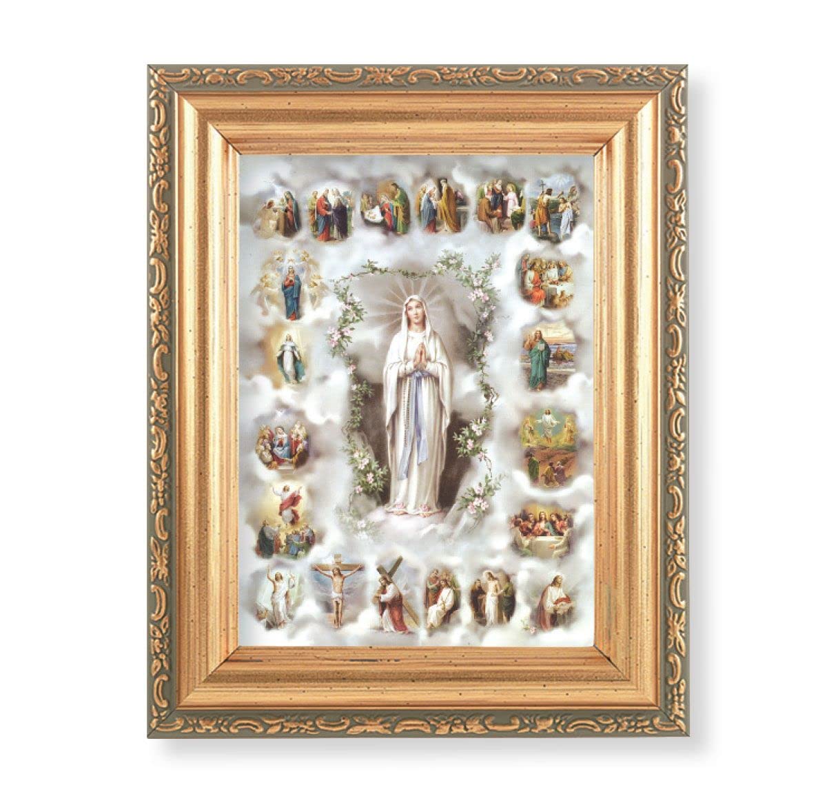 Mysteries of The Rosary Picture, Antique Gold 5-1/2"x7 Frame with Acanthus-Leaf Edging Under Glass # 28166