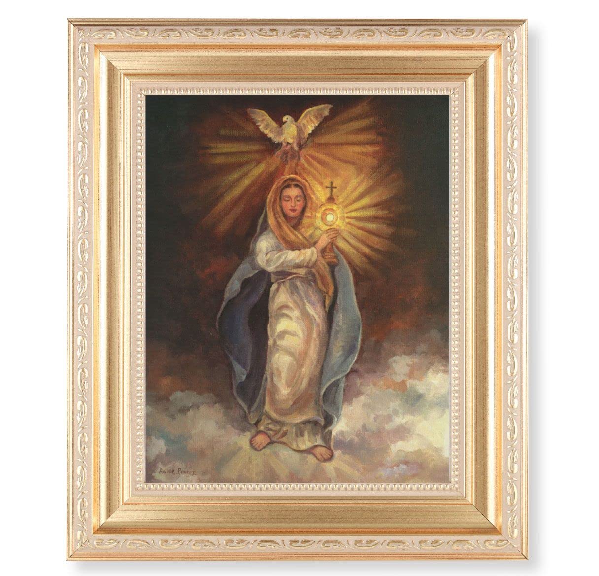 Mary with Monstrance, 11.5"x13.5" Satin Gold Frame, Distressed Finish with Scrollwork, Italian Print Under Glass # 26526
