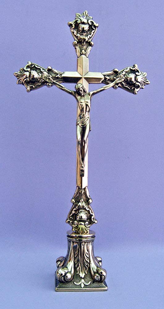 A beautiful Shiny Brass Standing Crucifix, Pillar Base, 14-1/2" tall, Made in Italy., 97499