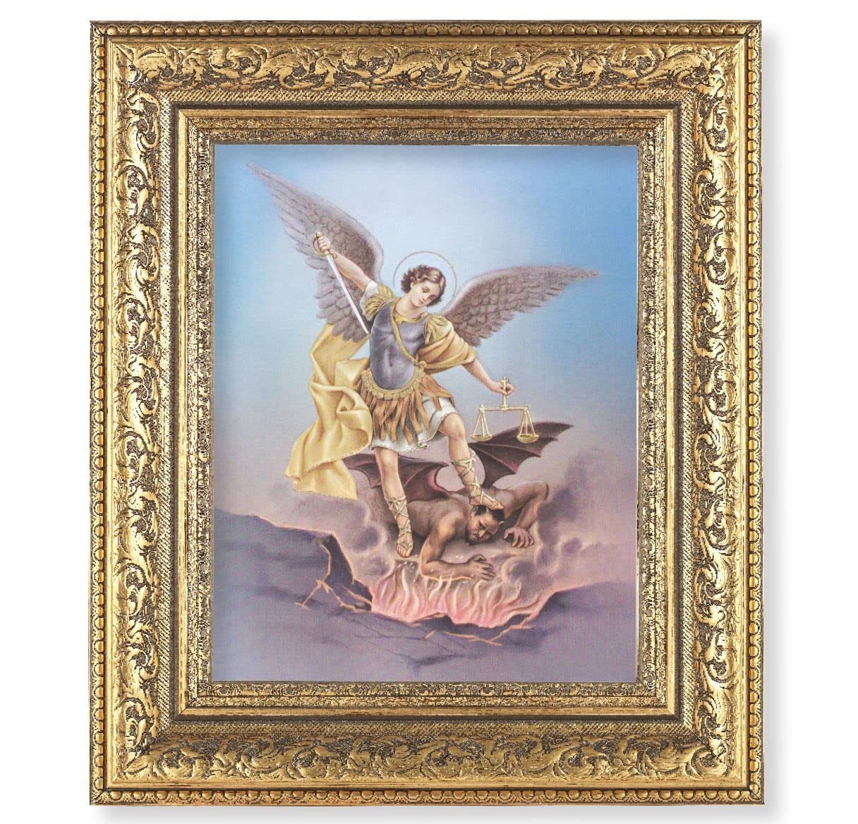 St. Michael Picture, 12-1/2"x14-1/2, Antique Gold Leaf Carvings Ornate Frame, Italian Print Under Glass # 25516