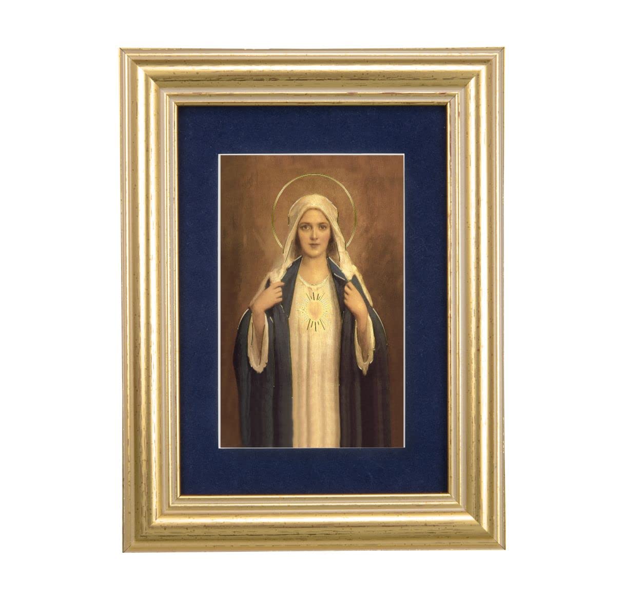 Immaculate Heart of Mary Picture, 5"x6.5" Antique Gold Fluted Frame, Behind Blue Velvet Matting # 28263