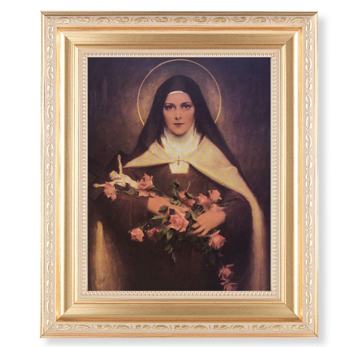 Chambers: St. Therese of Lisieux, 11.5"x13.5" Satin Gold Frame, Distressed Finish with Scrollwork, Italian Print Under Glass # 26520